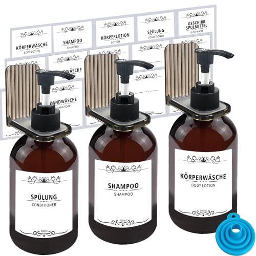 Wenosda 3er Seifenspender Kunststoff, 500ml Seifenspender Wandbefestigung mit 8 Kategorie Etiketten Wand Ohne Bohren Plastik Shampoo Spender für Küche und Badezimmer von Wenosda