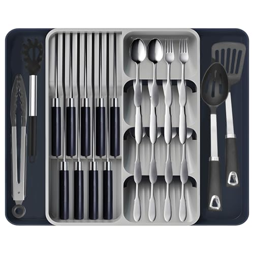 Wenosda Besteckkasten für Schublade, 27,5-51x 38,9 x 5,3cm Besteckeinsatz für Schubladen, Erweiterbarer Utensilienhalter, Kunststoff Besteck Schubladen Organizer, Küchenschubladen for Forks, Knives von Wenosda