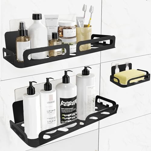 Wenosda Duschablage Ohne Bohren, Badezimmer Regal Organizer, Rostfrei Schwarz Duschregal Bathroom Organizer Duschkorb, 3 Stück von Wenosda