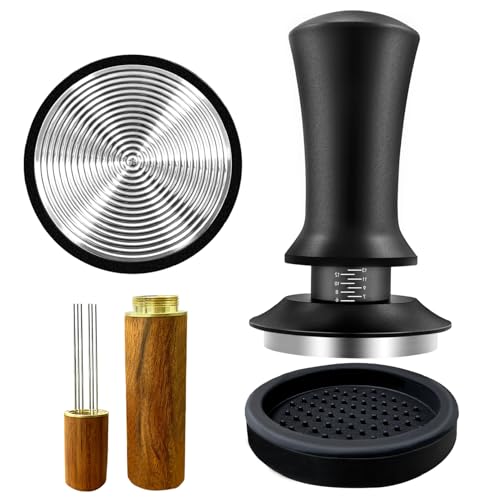 Wenosda Kaffee Tamper 51mm, Espresso Tamper Set Druckregulierender, Tampermatte Tool, 304 Edelstahl Base Kaffeestampfer mit Skaleneinstellung Base Ripple, Aluminiumgriff von Wenosda