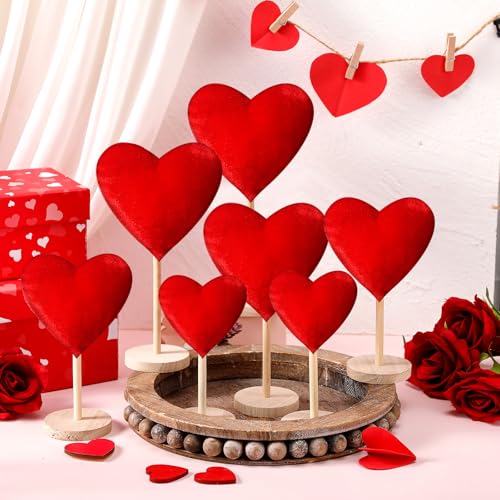 Wenqik 7 Stück Valentinstag Samt hoch stehend Herz Block Set Holz Valentinstag Herz Stehblöcke Rot Herz Tischplatte Mittelstück Schild Stufentablett Dekor für Bauernhaus Zuhause Büro Tischdekoration von Wenqik