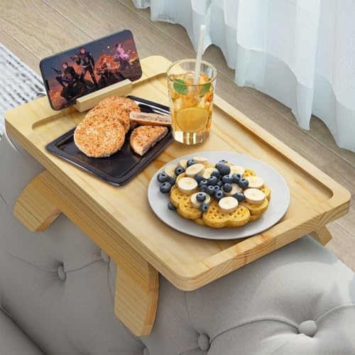 Bambus-Sofaarm-Tablett-Tisch mit drehbarem mobilem Halter, faltbarem Clip-On-Design für Sofas Klappbares Armlehnentablett zum Essen und Trinken Bambus-Sofaarm-Tablett-Tisch mit drehbarem mobilem Halter, faltbarem Clip-On-Design für Sofas Klappbares Armlehnentablett zum Essen und Trinken von Wenrecu