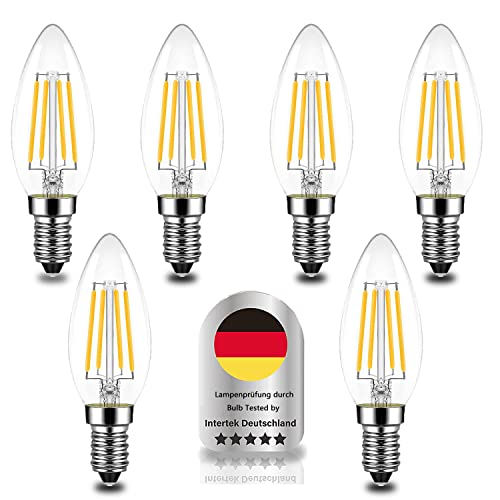 Wenscha E14 Kerze C35 LED Lampe, 6er 4W E14 Glühbirne Warmweiß 2700K ersetzt 40W Halogenlampe, E14 Leuchtmittel Birne E14 Filament Fadenlampe Glas, AC 220V-240V, nicht dimmbar von Wenscha