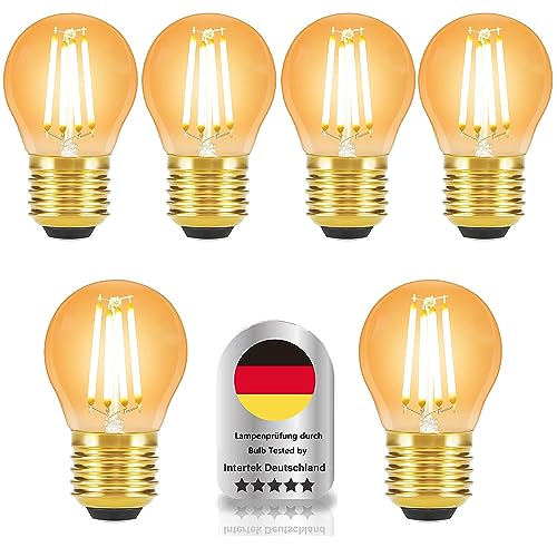 Wenscha Vintage glühbirne E27 led warmweiss G45 bulbs 6er-Set – 4W retro bernstein e27 filament glühbirnen 2400K Goldfarbener Stecker im Glasgehäuse lampe (nicht dimmbar) von Wenscha