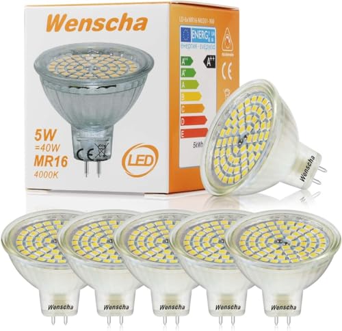 Wenscha MR16 LED Neutralweiss, 6er GU5.3 12V LED Lampe, 5W Neutralweiß 4000K Tageslicht Ersetzt 40W Glühlampe, Kein Stroboskopeffekt, 400Lumen Birne Leuchtmittel, 120° Abstrahwinkel Spot von Wenscha