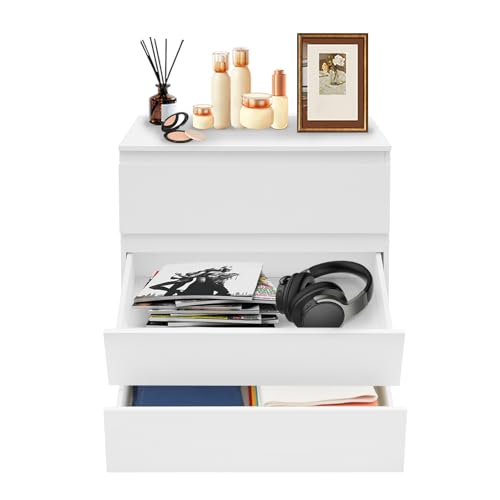 Hoher Nachttisch mit 3 Schubladen, schmaler Sideboard Schrank aus Kunstharz｜75 kg Traglast | grifflose Design | weiß Hochglanz für Schlafzimmer & Wohnzimmer von Wensiy