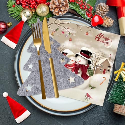 12Stück Besteckhalter Weihnachten Filz Tannenbaum Grau + 20Stück Weihnachten Servietten Schneemann Pärchen, Tischdeko Weihnachten, Weihnachtsbaum Bestecktaschen für Weihnachtstischdekoration Party von Wentsent