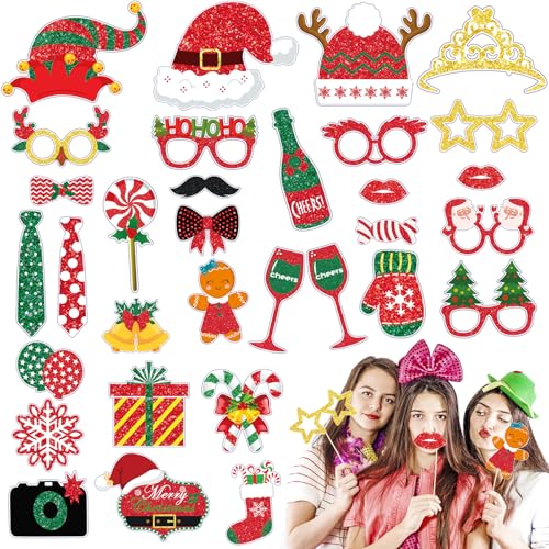 35 Stück Weihnachten Foto Requisiten, Fotobox Accessoires für Neujahr Silvester, Foto Booth Requisiten, Tischdeko Geburtstag Party Zubehör von Wentsent