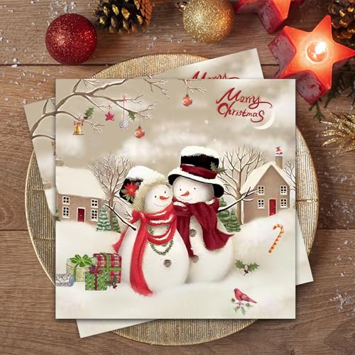 60Stück Weihnachten Servietten, Merry Christmas Servietten, Schneemann Pärchen Papierserviette,Weihnachtliche Tischdekoration, Weihnachtsbaum Winter Paper Napkins, 3-lagig Xmas Servitten von Wentsent