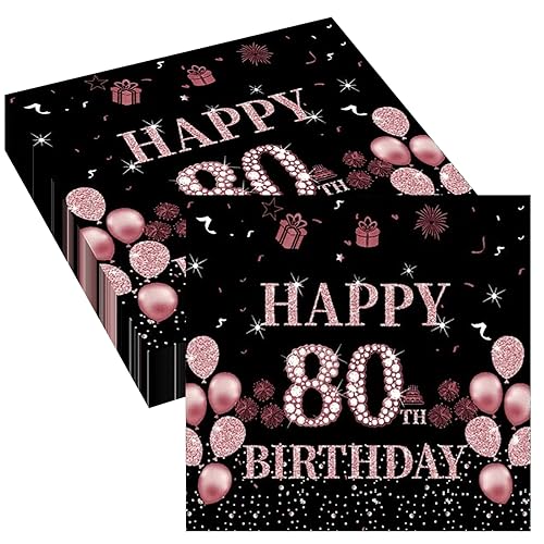 Schwarz Rose Gold Servietten 80. Geburtstag, Vintage 80. Geburtstag Papierservietten, 40Stk Cocktailservietten, 80. Geburtstag Einweg Servietten für Frauen Geburtstag Party Deko von Wentsent