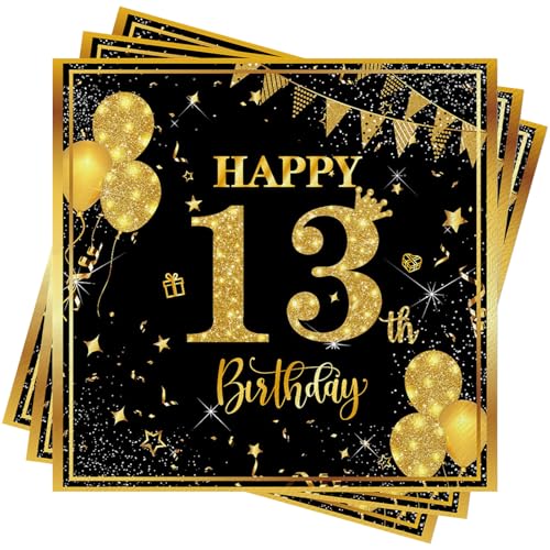 Wentsent 13. Geburtstag Servietten Schwarz Gold - 40 Stück Tischdeko für Junge und Mädchen - Papierservietten zum 13. Anniversary von Wentsent