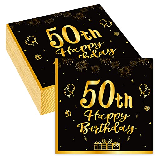 Servietten 50 Geburtstag, 80Stück Schwarze Gold 50. Happy Birthday Servietten, Einweg Papierserviette Tischdeko, 50er Geburtstag Männer Frauen Geburtstags Party Deko von Wentsent