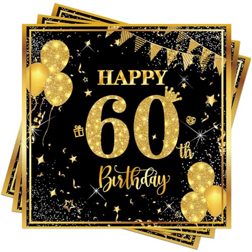 Wentsent 60. Geburtstag Servietten - 40 Stück Schwarz Gold Tischdeko für Mann und Frau - Anniversary Papierservietten von Wentsent