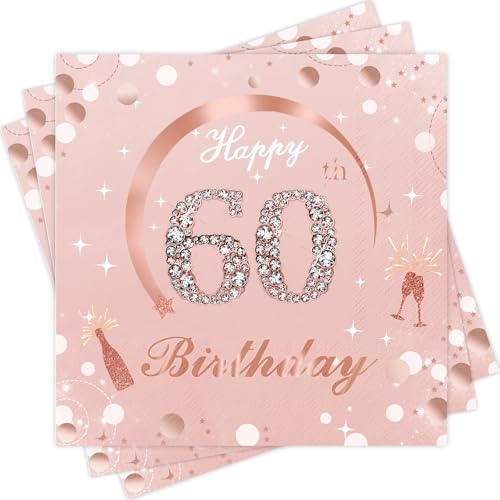 Servietten 60. Geburtstag, Wentsent 40Stück Servietten Rose Gold Geburtstag, Happy Birthday 60 Servietten, 60. Geburtstag Milestone Tischdeko Papierservietten für Frau Geburtstag Feiern Party Jubiläum von Wentsent