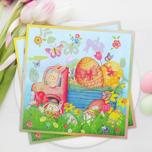 Servietten Ostern, 40 Stück Frohe Ostern Servietten, Ostereier Einweg Papierserviette, Frühling Osterhase Servietten, Kinder Servietten für Kindergeburtstag, Ostern Party Tischdeko von Wentsent