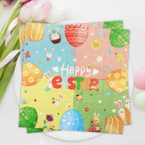 Servietten Ostern, 40 Stück Frohe Ostern Servietten, Ostereier Einweg Papierservietten, Frühling Osterhase Servietten, Kinder Osterservietten für Kindergeburtstag, Ostern Party Tischdeko von Wentsent