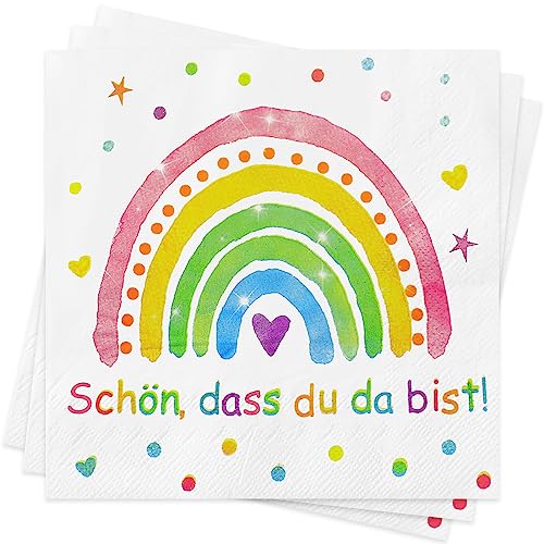 Servietten Regenbogen Schön Dass Du Da Bist, 60Stück Servietten für Kindergeburtstag, Babypartys,Taufe, Konfirmation Kommunion Tischdeko, Regenbogen Party für Junge und Mädchen(Regenbogen 60) von Wentsent