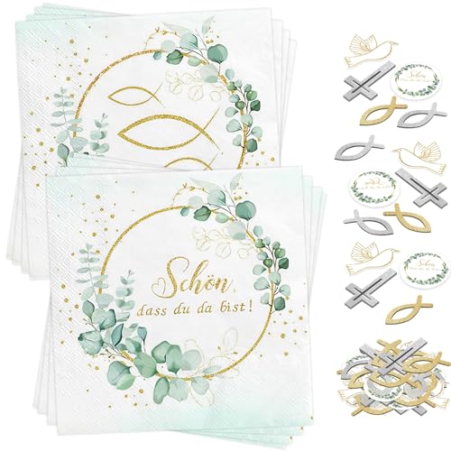 Taufe Deko, 40Stück Servietten Eukalyptus Goldene Taube und 52Stück Kommunion Deko Fisch Konfetti, Schön dass du da bist Servietten Tischdekoration Taufe Kommunion Konfirmation für Junge Mädchen Taufe Deko, 40Stück Servietten Eukalyptus Goldene Taube und 52Stück Kommunion Deko Fisch Konfetti, Schön dass du da bist Servietten Tischdekoration Taufe Kommunion Konfirmation für Junge Mädchen von Wentsent