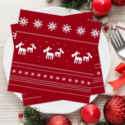 Weihnachten Servietten Rotes, 60Stück Weihnachtsservietten mit Rentier Schneeflocken Motiv, Weihnachtliche Tischdeko,Winter Paper Napkins, 3-lagig Einweg Papierservietten für Dinnerpartys Weihnachten von Wentsent