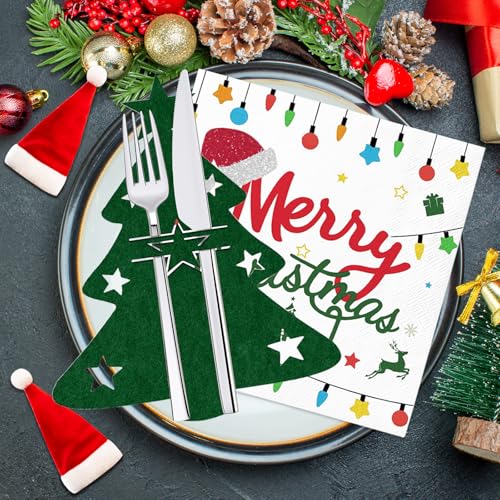 Wentsent 12Stück Besteckhalter Weihnachten Filz Tannenbaum Grün + 20Stück Weihnachten Servietten, Tischdeko Weihnachten, Weihnachtsbaum Bestecktaschen für Weihnachtstischdekoration Party von Wentsent
