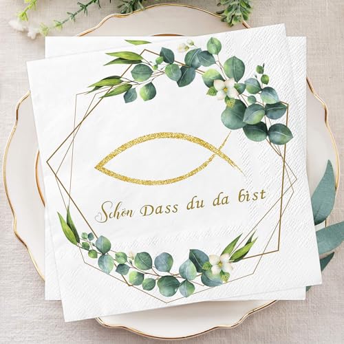 20Stück Servietten Fisch Eukalyptus Grün Schön Dass Du Da Bist | 3 Lagig Papierservietten for Taufe Kommunion Konfirmation Junge Mädchen | Tischdekoration für Babyparty | Vintage Einweg Weiß Napkins von Wentsent