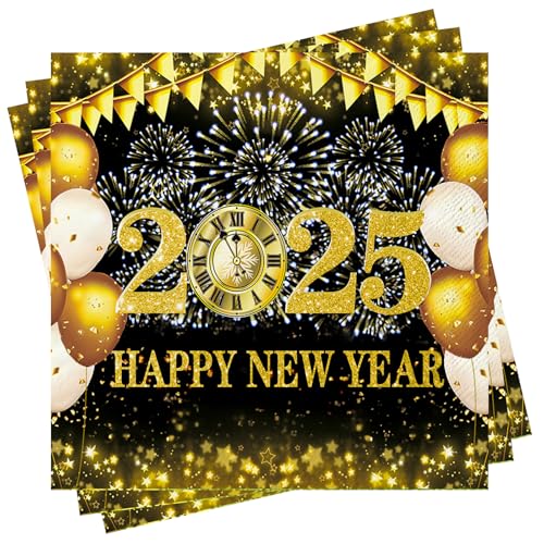 Wentsent 2025 Happy New Year Servietten, 80Stück Neujahr Papierservietten Silvester Servietten Schwarz Gold Neujahrsservietten Tischdeko für Neujahr Silvester HNY Party Tischdeko von Wentsent