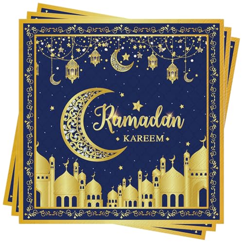 Wentsent Eid Mubarak Servietten, 40Stück Ramadan Servietten Eid Ramadan Dekoration Blau Gold Servietten Stern Mond Eid Mubarak Tischdeko Ramadan Papierservietten von Wentsent