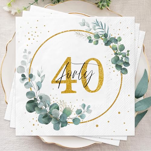Wentsent 40 Stück Servietten 40. Geburtstag Eukalyptusgrün Gold, Happy Birthday Servietten mit Eukalyptuskranz-Design, 33 x 33 cm, 3-lagig, Papierzellstoff, Ideal für Geburtstagsfeiern und Jubiläen von Wentsent