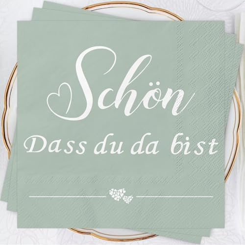 Wentsent Servietten 'Schön Dass Du Da Bist' Mit Herz, 40 Stück Eukalyptus Grün und Salbeigrün, Party Tischdeko für Hochzeit, Taufe, Geburtstag, Konfirmation, Kommunion, Baby Shower von Wentsent