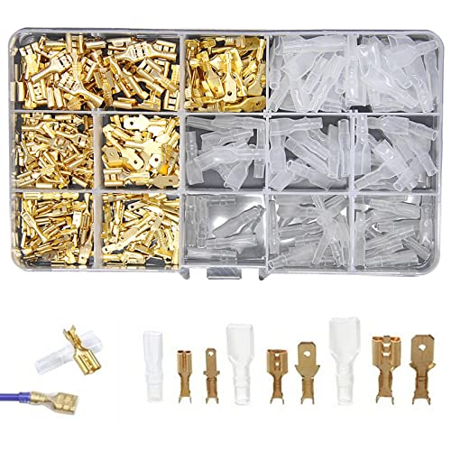 Flachsteckhülsen Set Männlich Weiblich Flachstecker Männlich und Weiblich Kabelstecker Set Flachsteckhülse mit Isolierhülse Sleeve Sortiment Kit, Golden, 315 Stücke, (2,8 mm 4,8 mm 6,3 mm) von Wenxiaw