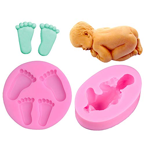 Wenxiaw Baby Fußabdruck Silikonformen Schlafende Baby Form DIY Silikonform 3D-Silikonform für Fondant, Schokolade, Cake Design, Dekoration von Kuchen, Backen Dekoration, 2 Stile (Rosa) von Wenxiaw