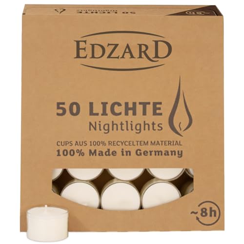 EDZARD 50 Teelichter weiß (ø 38 mm, 8 Stunden Brenndauer) aus Paraffin, ohne Duft - Nightlights, Teelichte für Teelichtglas, ideal für die Dauerkerze Cornelius von Edzard von EDZARD