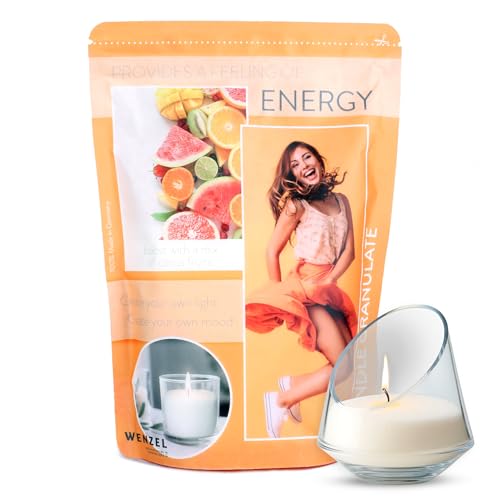 Wenzel Kerzenwachs Granulat 400g Weiß – Zitrusfrüchte Duftwachs: Energy – DIY Duftkerzen Set inkl. Dochte & Anleitung – Kerzensand mit Duft – Made in Germany von Wenzel