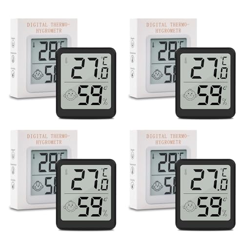 Thermometer Hygrometer Innen, 4 Stück LCD Zimmerthermometer Luftfeuchtigkeitsmesser Digital Innen Mit Smiley-Indikator Für Babyzimmer Wohnzimmer Büro Gewächshaus, Schwarz von Wepai