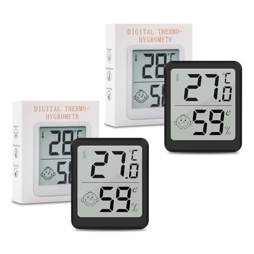 Wepai Thermometer Hygrometer Innen,Mini LCD Zimmerthermometer Luftfeuchtigkeitsmesser Digital Innen Mit Smiley Indikator-Für Babyzimmer Wohnzimmer Büro Gewächshaus, Schwarz (2) von Wepai
