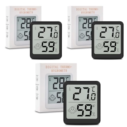 Wepai Thermometer Hygrometer Innen,Mini LCD Zimmerthermometer Luftfeuchtigkeitsmesser Digital Innen Mit Smiley Indikator-Für Babyzimmer Wohnzimmer Büro Gewächshaus, Schwarz (3) von Wepai