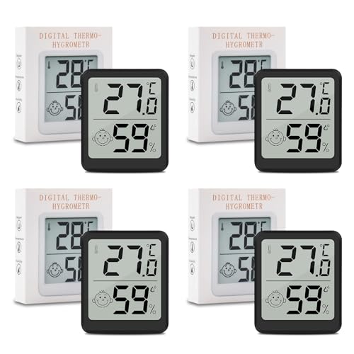 Wepai Thermometer Hygrometer Innen,Mini LCD Zimmerthermometer Luftfeuchtigkeitsmesser Digital Innen Mit Smiley Indikator-Für Babyzimmer Wohnzimmer Büro Gewächshaus, Schwarz (4Pack) von Wepai