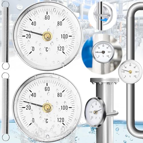 Weploda 2 Stück Rohrthermometer Heizungsrohr, Rohrthermometer rostfreiem Stahl, Temperaturanzeige mit Clip-On 0-120 ℃, Tragbares Rohrleitungs Thermometer, Überwachung Rohrtemperatur (mit 2 Federn) von Weploda