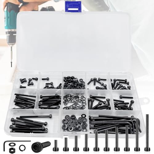 Weploda 250 Stück Zylinderschrauben Schwarz Set, M3 Schrauben Muttern Sortiment Set, dauerhaft Innensechskantschrauben, Schwarze Zylinderschrauben sind leicht zu tragen(Mit Schraubenschlüssel) von Weploda