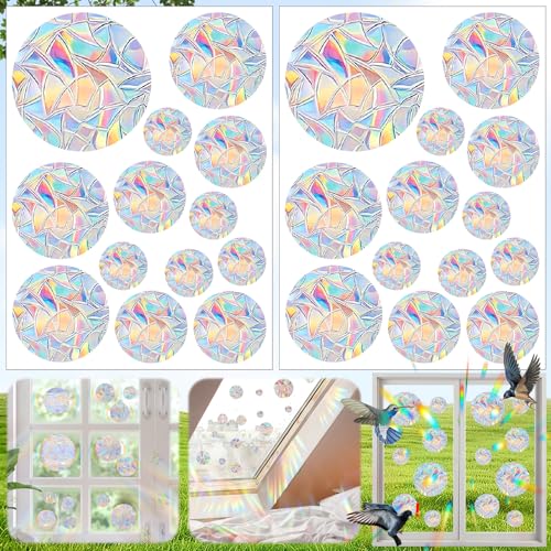 Weploda 26 Stück Prisma Fensteraufkleber Kreis, PVC Fensteraufkleber Vogelschutz, Anti Kollision Fenster Aufkleber, Wasserfest Regenbogen Folie Fenster, Fensterauf Suncatcher Sticker, Für Türfenste von Weploda