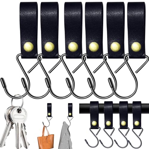 Weploda 6 Stück Leder S Haken Schwarz, Metall-S-förmige Haken, S Garderobenhaken Lederschlaufe, Mit Lederschlaufe, Erträgliches Gewicht: 5 kg, Zum Aufhängen von Kleidung, Küchenmessern(Schwarz) von Weploda