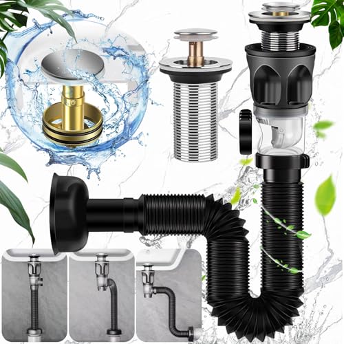 Weploda Waschbecken Ablaufgarnitur, ABS Waschbecken Ablaufgarnitur Set, Flexibel Waschbecken Ablaufgarnitur, Mit Einziehbarem Abflussrohr, Abflussstopfen, Gummiringe, Ausziehbar von 295-985mm(Schwarz) von Weploda