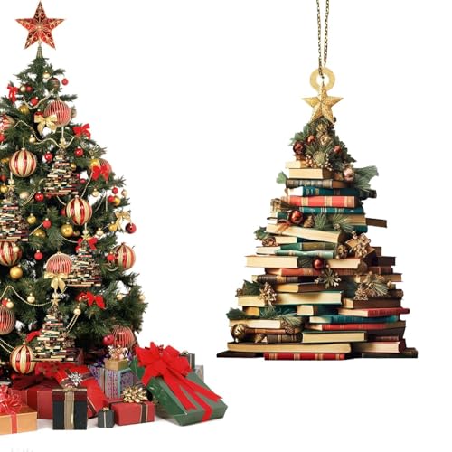 Buchbaumschmuck, Buch-Ornament | 2D Acryl Weihnachtsbaum Ornament Buchstapel, Weihnachtsdorf, Buchstapel Und Fensterschlitten Ornament von Weppduk