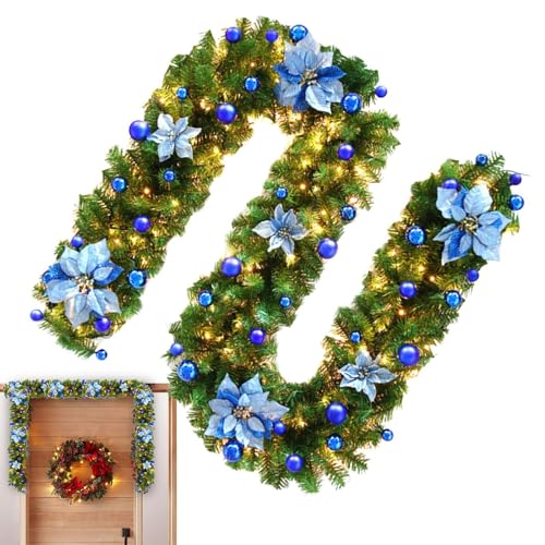 Weihnachtsgirlande mit Lichtern – vorbeleuchtete verzierte Girlande, 2,7 m Lange künstliche LED-, batteriebetrieben, rote Girlande, Dekoration, Blume, Rattan, Weihnachtsdekoration für von Weppduk
