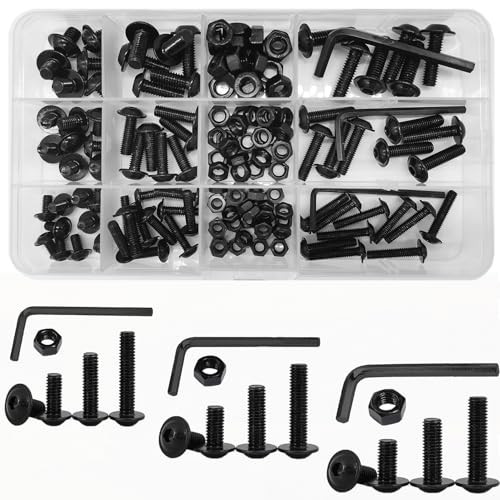 M4 M5 M6 Schwarz Edelstahl Muttern und Bolzen Set, Flanschte Knopfkopf Sockel Kappe Schrauben mit Kragen Sortiment Set, Hex Sockel Maschinenschrauben (147 Stück) von WeqeYent