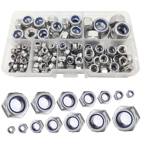 150 Stück M12/M10/M8/M6/M5/M4/M3 Hex Lock Muttern Edelstahl Nylon Insert Lock Mutter Sortiment Gewindeeinsätze Sechskantmutter Set Verschiedene Nylon Sicherungsmuttern (Silber) von WeqeYent