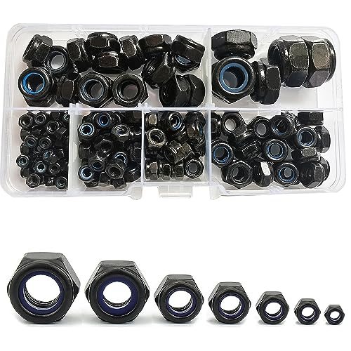 150 Stück Schwarz Sechskantmuttern M12/M10/M8/M6/M5/M4/M3 Sicherungsmuttern Kohlenstoffstahl Nylon Einsatz Gewindeeinsätze Sechskantmutter Selbstsichernde Muttern Stoppmutter (Schwarz) von WeqeYent