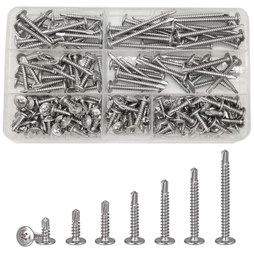 200 Stück M4,2 Wafer Kopf Selbst Phillips Bohrschrauben, Edelstahl Rundkopf Selbst Bohrschrauben für Metall, Binder Kopf Selbst Bohrer Sortiment Kit (13-50mm) von WeqeYent