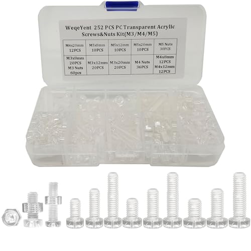 252 Stück M3 M4 M5 PC Transparente Acryl Schrauben und Muttern Kit, Kunststoff Klare Schrauben Acrylschrauben Phillips Kreuzpfanne Hand Festziehen Runde Schrauben und Sechskantmuttern Kit von WeqeYent