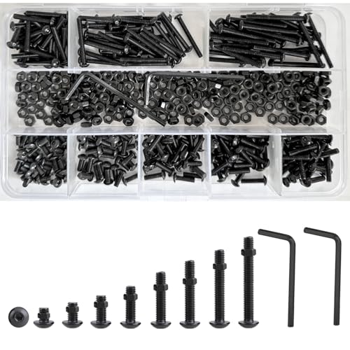 M3 Runde Kopf Hex Sockel Schrauben, M3 schwarze Muttern Schrauben Sortiment Set, Kohlenstoffstahl Sechskantknopf Pilz Maschine Schraubbefestiger Kit (482 Stück) von WeqeYent